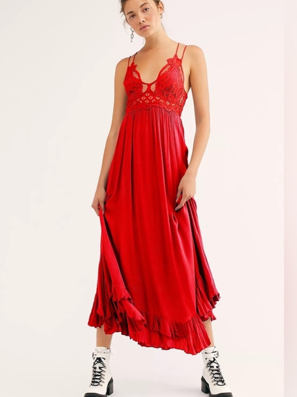 Free People Red Adella Maxi Slip Dress with Strappy Back